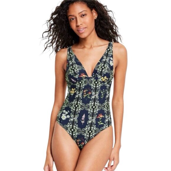 Aguabendita Blue/Pink Floral Tile Print Cheeky One Piece Swimsuit Sz. L (12-14) - Picture 1 of 7